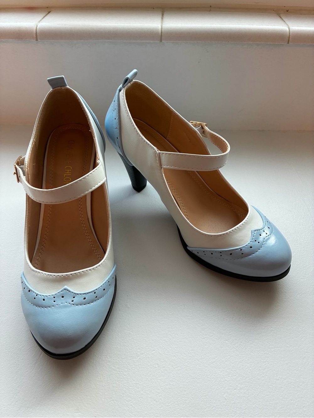 Chase + Chloe Two-Tone Mary Jane Pumps in Light Blue and White - Picture 5 of 8
